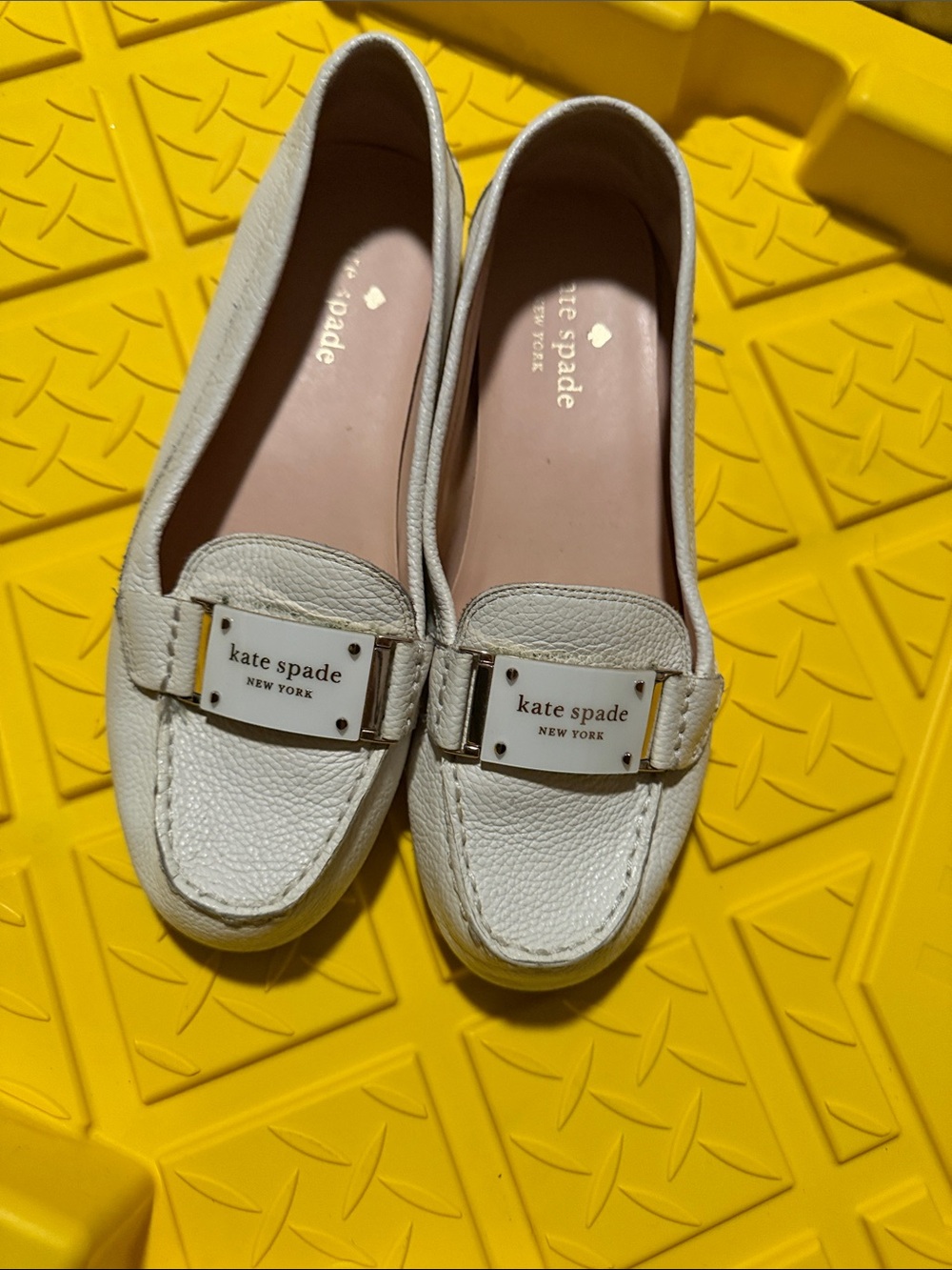 kate spade white leather loafers with logo plaque
